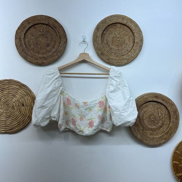 Zara White Floral Puff Sleeve Square Neck Stretch Smocked Poplin Crop Top XL - Picture 2 of 5